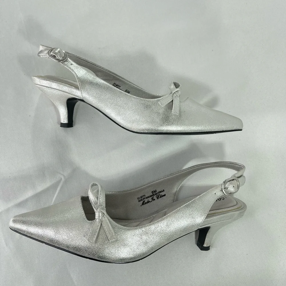 Easy Street Womens Emerin Sling Back Kitten Heel Pump. Color Silver. Siz…